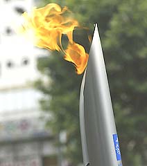 The Olympic flame burns during day five of the Torch Relay in Seoul, Korea