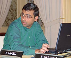 Viswanathan Anand in his third round match against Paco Vallejo of Spain in the third round of the Amber Blindfold and Rapid chess tournament
