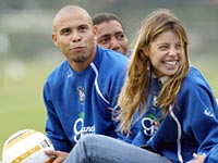 Brazilian and Spanish team Real Madrid soccer star Ronaldo Nazario appears with his girlfriend Daniela Cicarelli after a training session