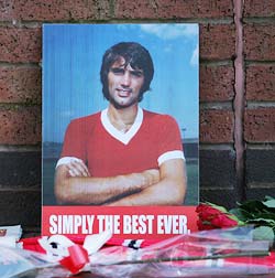 Tributes to George Best are laid outside Old Trafford