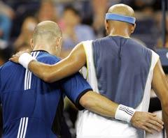 Agassi and Blake walk off court