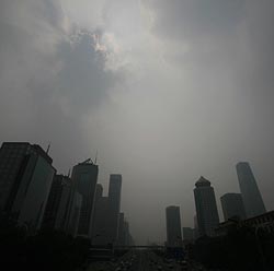 A general view of the Central Business District in Beijing which is shrouded with heavy smog