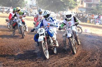 V Kurup (left), K Shukla, A Virkud (extreme left) negotiate a gravel-laden course in Novice class