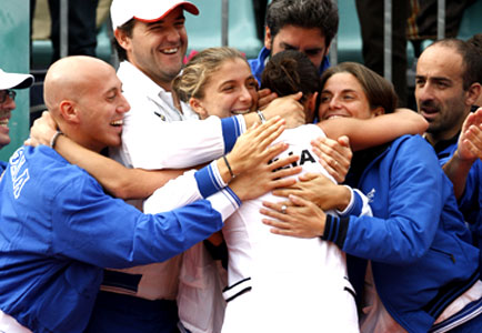 The Italian Fed Cup team celebrate their win
