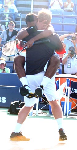 Leander Paes and Lukas Dlouhy are esctatic after their win over Mahesh Bhupathi and Mark Knowles in the US Open men's doubles final