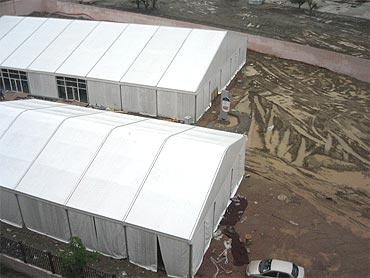 A view of the tents housing the dining area at the Games Village