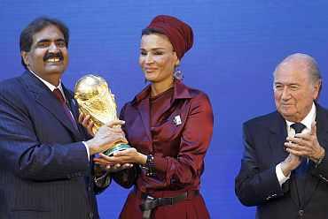 Sheikha Moza Bint Nasser al-Misnad reacts after the announcement that Qatar is going to be host nation for the FIFA World Cup 2022