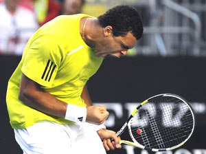 France's Jo-Wilfried Tsonga reacts after beating Spain's Nicolas Almagro