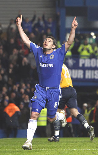 Frank Lampard celebrates after scoring against Birmingham City