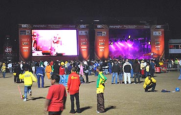 St. George's cricket ground, the venue of Port Elizabeth's fan park. A concert stage erected, with Just Jinger playing.