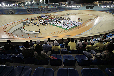 A view of the indoor cycling velodrome constructed for the 2010 New Delhi Commonwealth Games