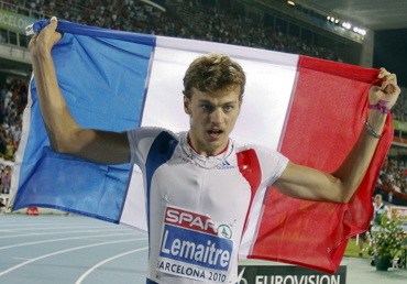 Lemaitre from France celebrates after he won the men's 100 metres final during the European Athletics Championships