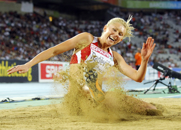 Ineta Radevica from Latvia competes in the women's long jump final during the European Athletics Championships