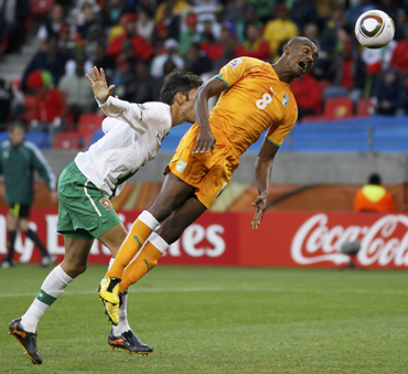 Ivory Coast's Kalou attempts a header during a 2010 World Cup Group G soccer match agains Portugal