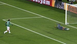 Mexico's Cuauhtemoc Blanco scores a penalty  against France