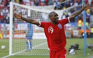 Jermaine Defoe celebrates after scoring for England