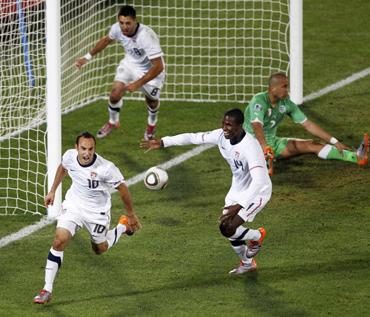 United States' Landon Donovan (L) celebrates after scoring against Algeria during a 2010 World Cup Group C soccer match at Loftus Versfeld stadium in Pretoria