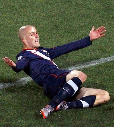 Michael Bradley celebrates after scoring the equaliser against Slovenia