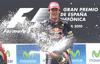 Rd Bull's Australian driver Mark Webber celebrates after winning the Spanish GP in Barcelona on Sunday