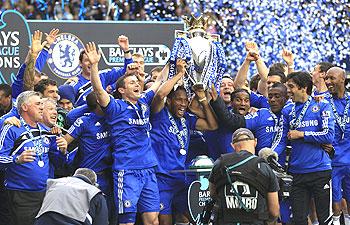 Chelsea celebrate after winning the English Premier League title on Sunday