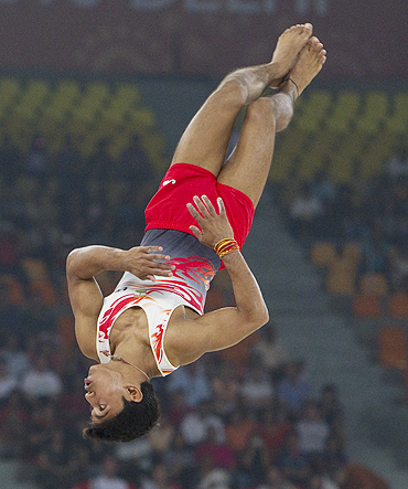 India's Ashish Kumar performs in the men's gymnastics floor exercise final on Thursday
