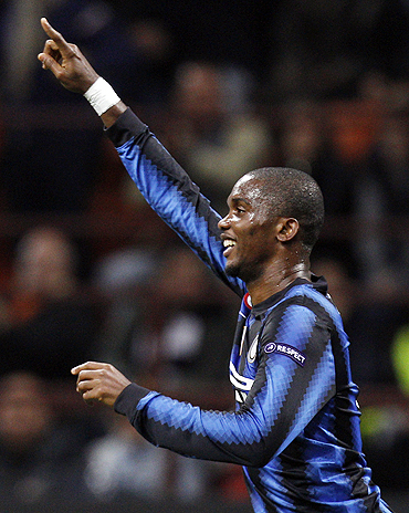 Inter Milan's Samuel Eto'o celebrates after scoring