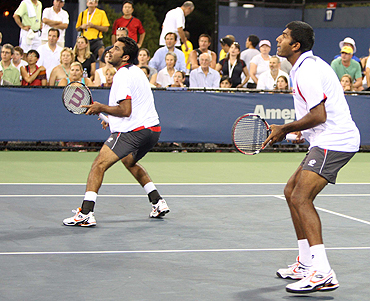 India's Rohan Bopanna and Pakistan's Aisam Qureshi in action during their first round match on Tuesday