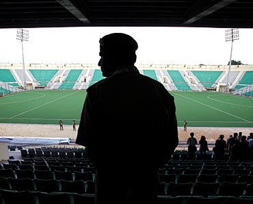 A policeman at the Major Dhyan Chand National Stadium