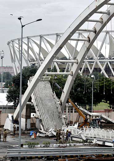 The collapsed footbridge outside the Jawaharlal Nehru stadium, one of the venues for the Commonwealth Games in Delhi