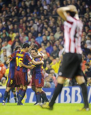 Barcelona's players celebrate after scoring against Athletic Bilbao on Saturday