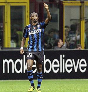 Inter Milan's Samuel Eto'o celebrates after scoring against Werder Bremen on Wednesday