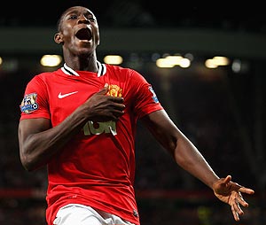 Danny Welbeck of Manchester United celebrates after scoring against Spurs on Sunday