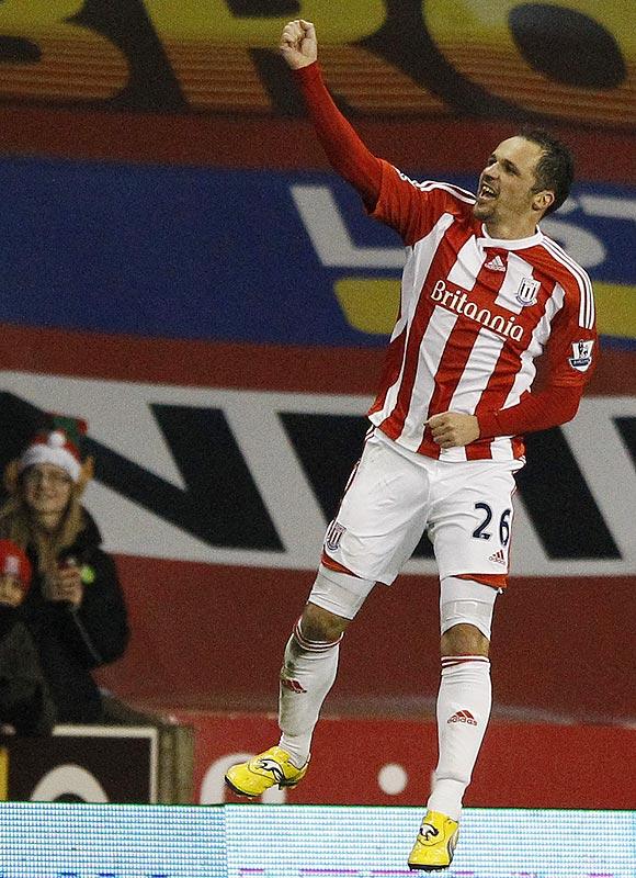 Stoke City's Matthew Eherington celebrates his second goal against Tottenham Hotspur