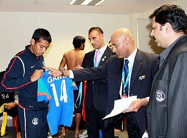 Mahesh Gawli gets his jersey checked by the match commissioner during SAFF championship final