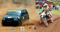 A car and bike going through the motions in autocross