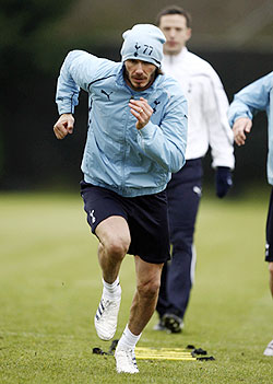 LA Galaxy's David Beckham takes part in a training session at Spurs Lodge in Essex in January