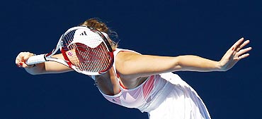 Caroline Wozniacki plays a shot against Slovak Dominika Cibulkova on Friday