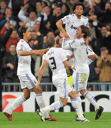Real Madrid's Marcello celebrates after scoring during their Chmapions League match