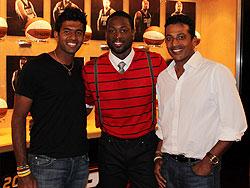 NBA star Dwayne Wade is flanked by Rohan Bopanna and Mahesh Bhupathi