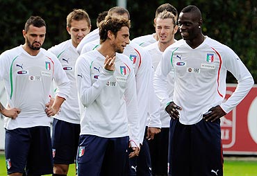 Mario Balotelli with Italian teammates during a training session at Coverciano, Italy