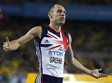 David Greene of Britain celebrates winning the men's 400 metrs hurdles final at the IAAF World Championships in Daegu