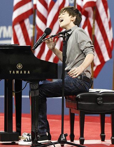 American pop, rock singer-songwriter and pianist Greyson Chance performs at the opening night of the US Open