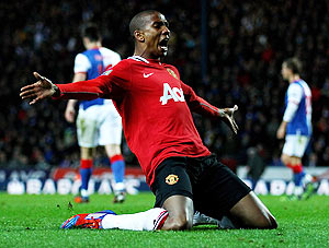Manchester United's Ashley Young celebrates scoring his team's second goal during their EPL match against Blackburn Rovers on Tuesday