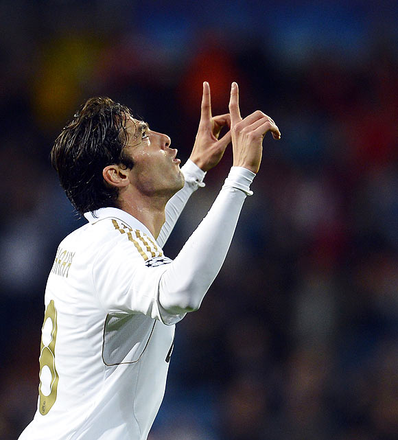 Real Madrid's Kaka celebrates after scoring against APOEL on Wedneday