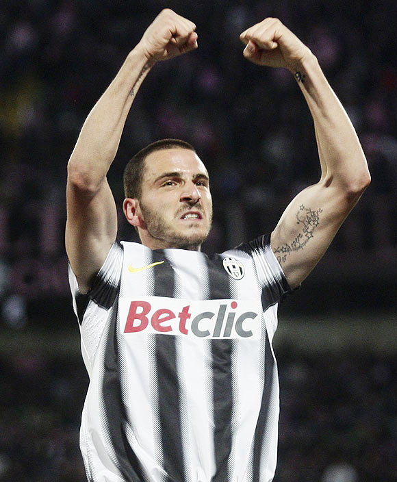 Juventus' Leonardo Bonucci reacts after scoring against Palermo during their Serie A match on Saturday