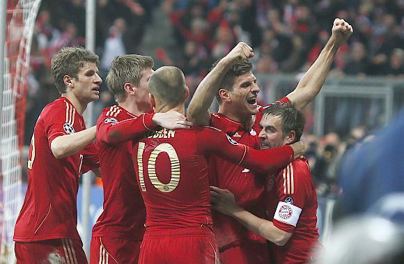 Gomez of Bayern Munich celebrates his team's winning goal against Real Madrid during their Champions League semi-final first leg soccer match in Munich