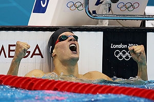 Daniel Gyurta of Hungary celebrates after he won the final of the Men's 200m Breaststroke at the London Olympic Games at the Aquatics Centre on Wednesday