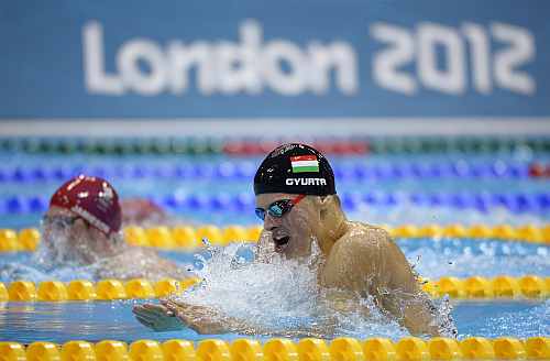 Hungary's Daniel Gyurta competes to win gold in the men's 200-meter breaststroke swimming final at the Aquatics Centre