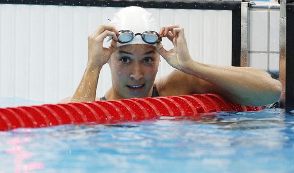 Ranomi Kromowidjojo of the Netherlands reacts after she placed first in her women's 100m freestyle event