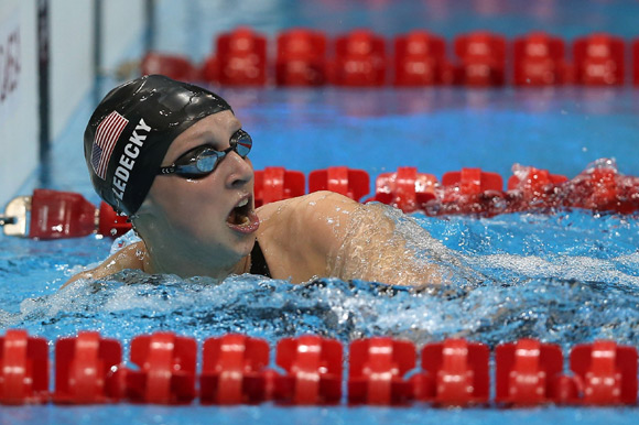 Katie Ledecky of the United States reacts after the Women's 800m Freestyle Final
